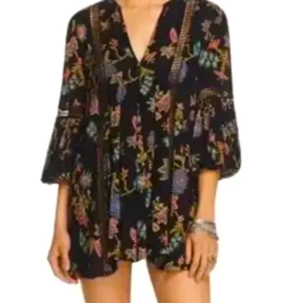 Free People Just the two of Us Black Floral Mini Dress/tunic